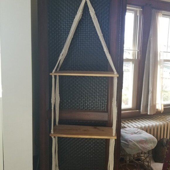 Macramé Two Shelf Wood Plant Hanger Boho Decor - Picture 7 of 8